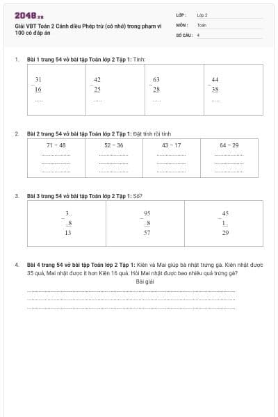 Giải VBT Toán 2 Cánh diều Phép trừ (có nhớ) trong phạm vi 100 có đáp án