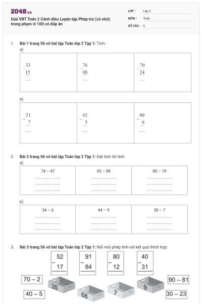 Giải VBT Toán 2 Cánh diều Luyện tập Phép trừ (có nhớ) trong phạm vi 100 có đáp án