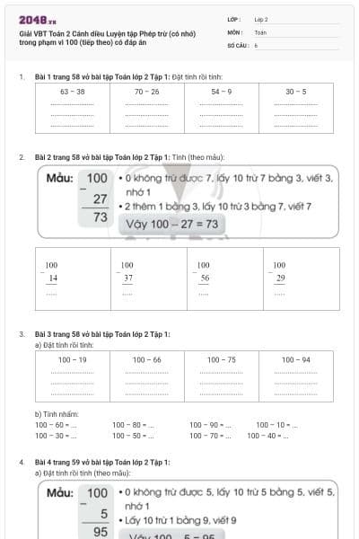 Giải VBT Toán 2 Cánh diều Luyện tập Phép trừ (có nhớ) trong phạm vi 100 (tiếp theo) có đáp án