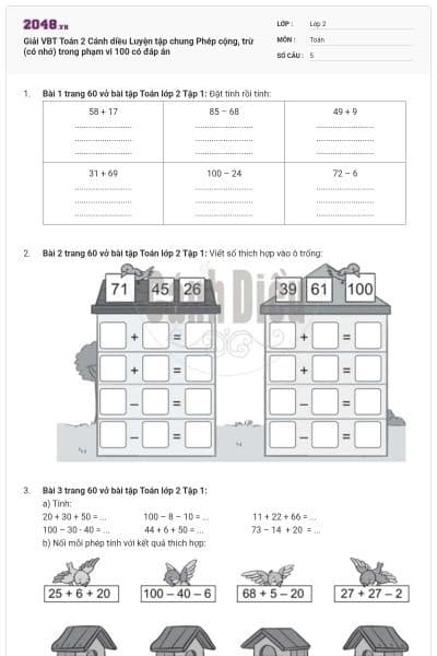 Giải VBT Toán 2 Cánh diều Luyện tập chung Phép cộng, trừ (có nhớ) trong phạm vi 100 có đáp án