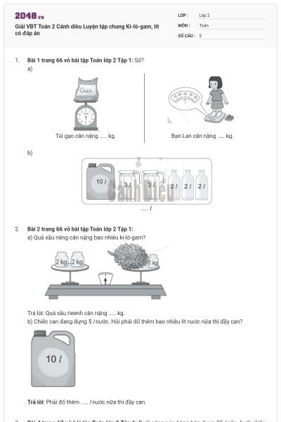 Giải VBT Toán 2 Cánh diều Luyện tập chung Ki-lô-gam, lít có đáp án