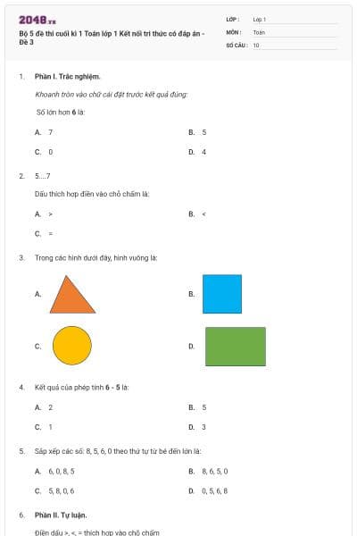 Bộ 5 đề thi cuối kì 1 Toán lớp 1 Kết nối tri thức có đáp án - Đề 3