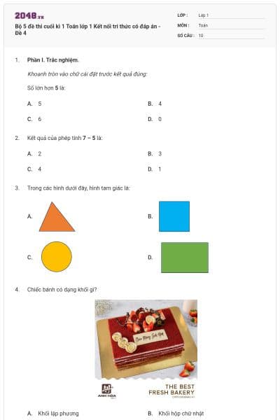 Bộ 5 đề thi cuối kì 1 Toán lớp 1 Kết nối tri thức có đáp án - Đề 4