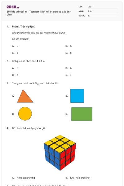 Bộ 5 đề thi cuối kì 1 Toán lớp 1 Kết nối tri thức có đáp án - Đề 5