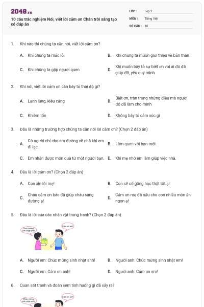 10 câu trắc nghiệm Nói, viết lời cảm ơn Chân trời sáng tạo có đáp án