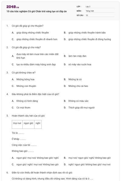 10 câu trắc nghiệm Cô gió Chân trời sáng tạo có đáp án