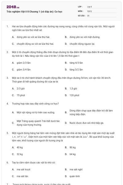 Trắc nghiệm Vật lí 8 Chương 1 (có đáp án): Cơ học