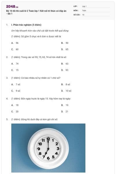 Bộ 10 đề thi cuối kì 2 Toán lớp 1 Kết nối tri thức có đáp án - Đề 1