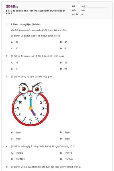 Bộ 10 đề thi cuối kì 2 Toán lớp 1 Kết nối tri thức có đáp án - Đề 2