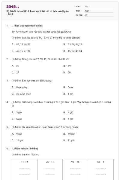 Bộ 10 đề thi cuối kì 2 Toán lớp 1 Kết nối tri thức có đáp án - Đề 3
