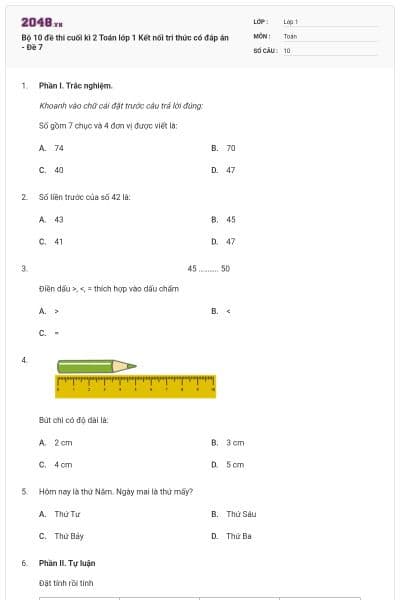 Bộ 10 đề thi cuối kì 2 Toán lớp 1 Kết nối tri thức có đáp án - Đề 7