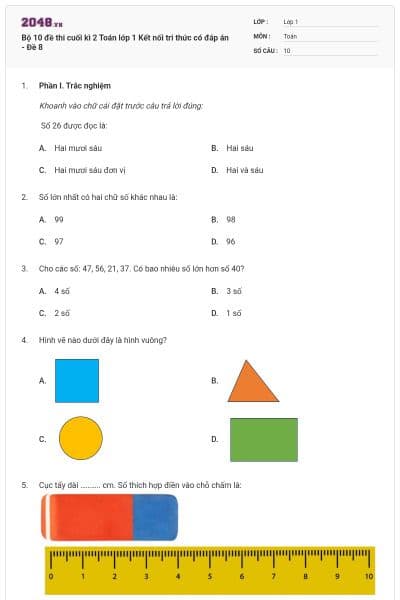 Bộ 10 đề thi cuối kì 2 Toán lớp 1 Kết nối tri thức có đáp án - Đề 8