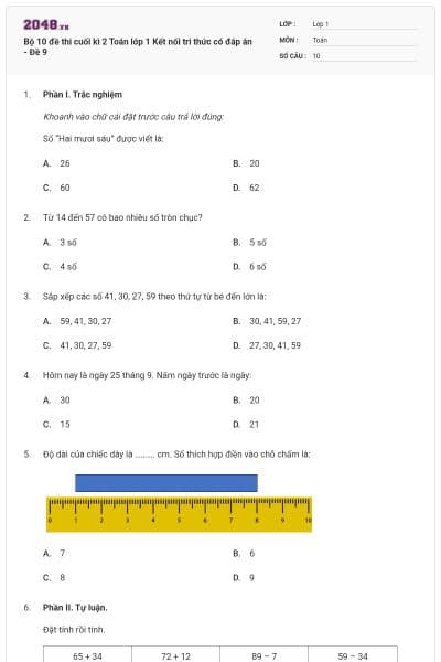 Bộ 10 đề thi cuối kì 2 Toán lớp 1 Kết nối tri thức có đáp án - Đề 9