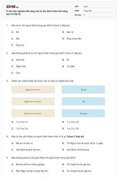 8 câu trắc nghiệm Mở rộng vốn từ Gia đình Chân trời sáng tạo có đáp án