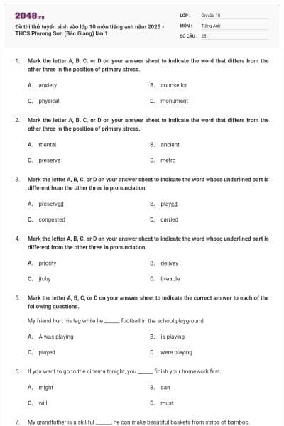 Đề thi thử tuyển sinh vào lớp 10 môn tiếng anh năm 2025 - THCS Phương Sơn (Bắc Giang) lần 1