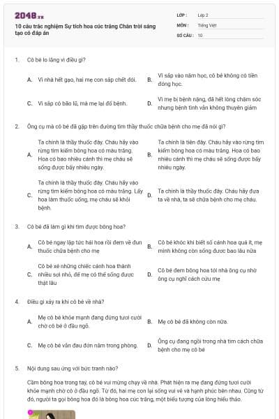 10 câu trắc nghiệm Sự tích hoa cúc trắng Chân trời sáng tạo có đáp án