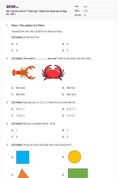 Bộ 5 đề thi cuối kì 1 Toán lớp 1 Chân trời sáng tạo có đáp án - Đề 1