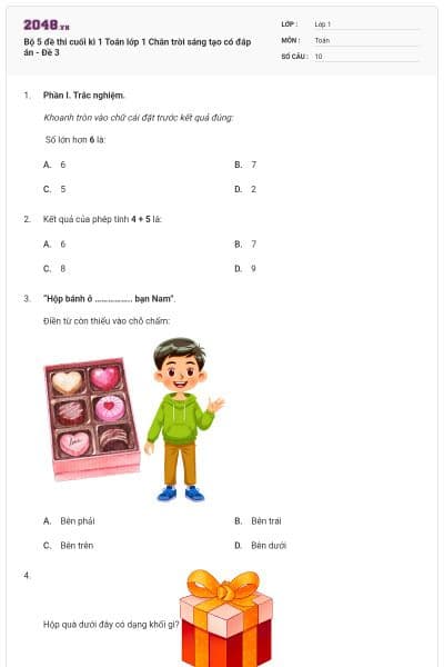 Bộ 5 đề thi cuối kì 1 Toán lớp 1 Chân trời sáng tạo có đáp án - Đề 3