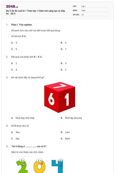 Bộ 5 đề thi cuối kì 1 Toán lớp 1 Chân trời sáng tạo có đáp án - Đề 5