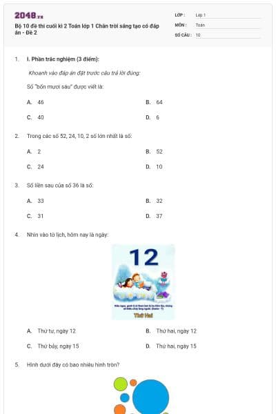 Bộ 10 đề thi cuối kì 2 Toán lớp 1 Chân trời sáng tạo có đáp án - Đề 2