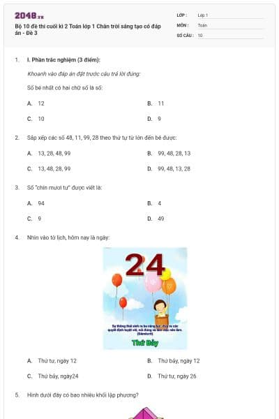Bộ 10 đề thi cuối kì 2 Toán lớp 1 Chân trời sáng tạo có đáp án - Đề 3