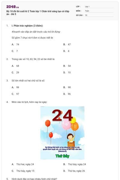 Bộ 10 đề thi cuối kì 2 Toán lớp 1 Chân trời sáng tạo có đáp án - Đề 5