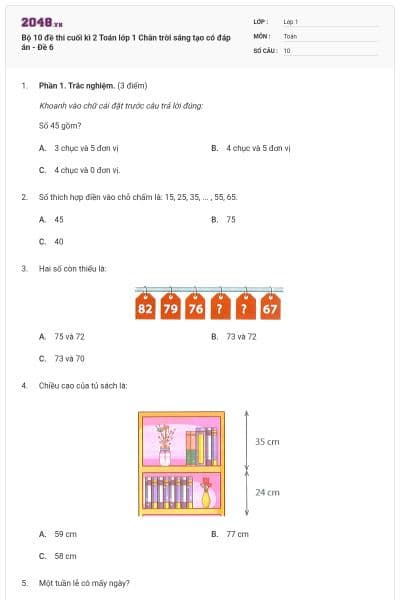 Bộ 10 đề thi cuối kì 2 Toán lớp 1 Chân trời sáng tạo có đáp án - Đề 6