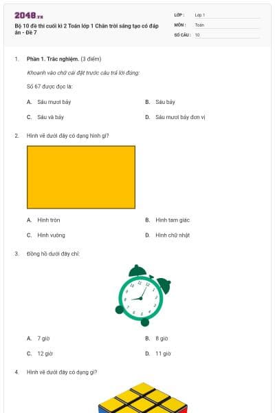 Bộ 10 đề thi cuối kì 2 Toán lớp 1 Chân trời sáng tạo có đáp án - Đề 7