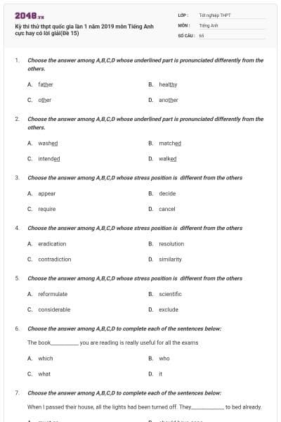 Kỳ thi thử thpt quốc gia lần 1 năm 2019 môn Tiếng Anh cực hay có lời giải(Đề 15)