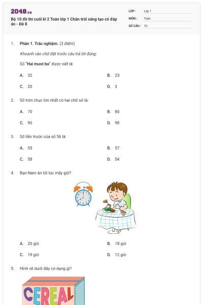 Bộ 10 đề thi cuối kì 2 Toán lớp 1 Chân trời sáng tạo có đáp án - Đề 8