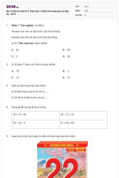 Bộ 10 đề thi cuối kì 2 Toán lớp 1 Chân trời sáng tạo có đáp án - Đề 9