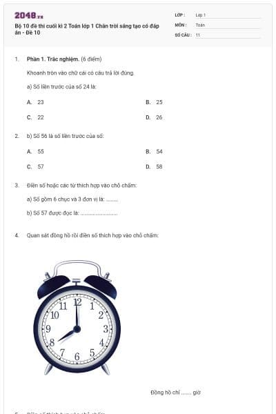 Bộ 10 đề thi cuối kì 2 Toán lớp 1 Chân trời sáng tạo có đáp án - Đề 10