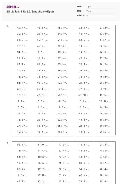 Bài tập Toán 3 Bài 3.2. Bảng chia có đáp án