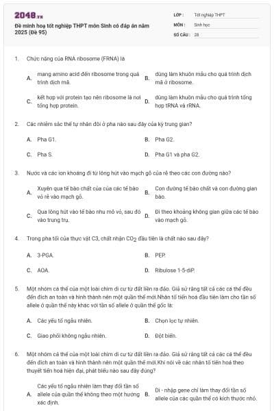 Đề minh hoạ tốt nghiệp THPT môn Sinh có đáp án năm 2025 (Đề 95)