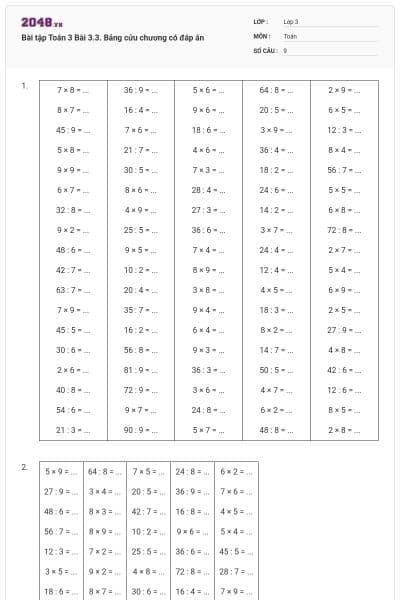 Bài tập Toán 3 Bài 3.3. Bảng cửu chương có đáp án