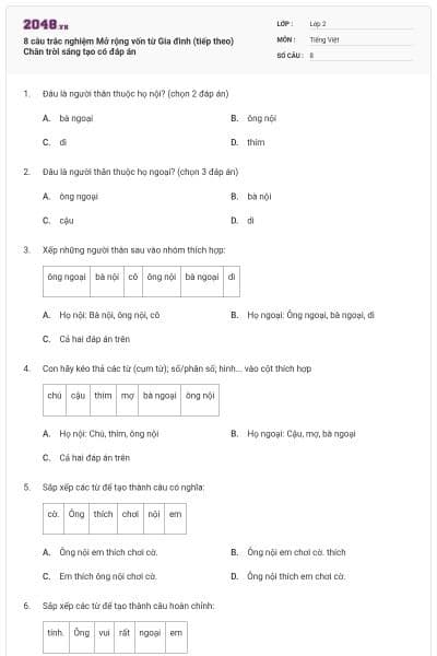 8 câu trắc nghiệm Mở rộng vốn từ Gia đình (tiếp theo) Chân trời sáng tạo có đáp án
