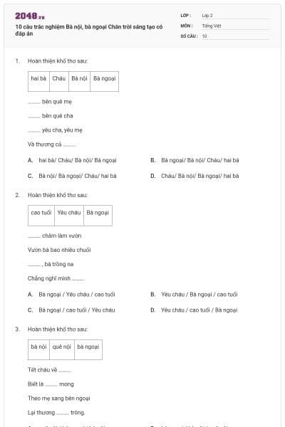 10 câu trắc nghiệm Bà nội, bà ngoại Chân trời sáng tạo có đáp án