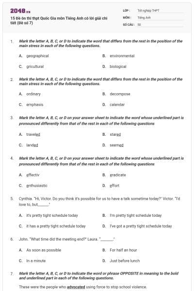 15 Đề ôn thi thpt Quốc Gia môn Tiếng Anh có lời giải chi tiết (Đề số 7)