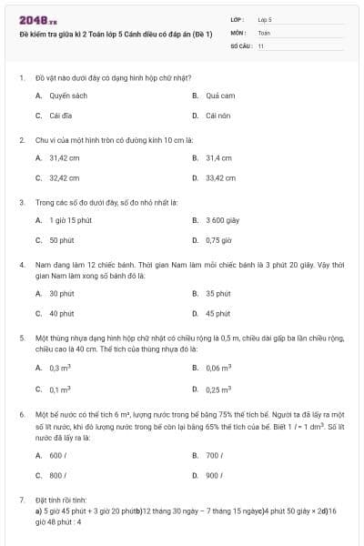 Đề kiểm tra giữa kì 2 Toán lớp 5 Cánh diều có đáp án (Đề 1)