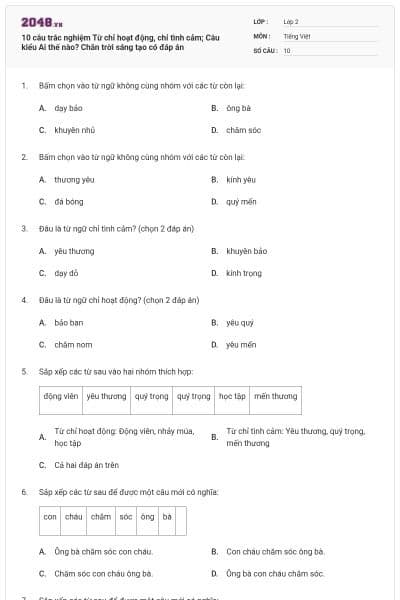 10 câu trắc nghiệm Từ chỉ hoạt động, chỉ tình cảm; Câu kiểu Ai thế nào? Chân trời sáng tạo có đáp án