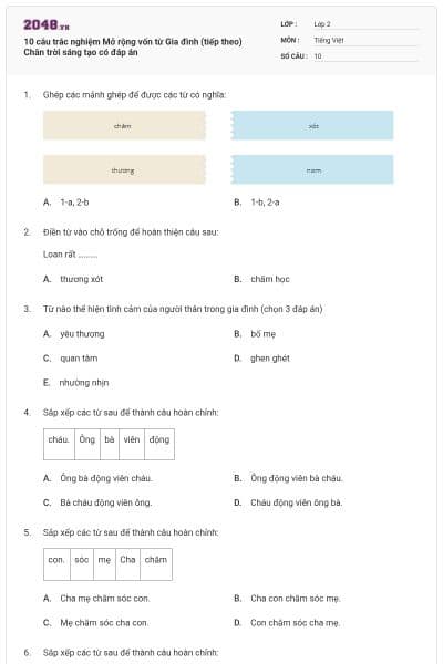 10 câu trắc nghiệm Mở rộng vốn từ Gia đình (tiếp theo) Chân trời sáng tạo có đáp án