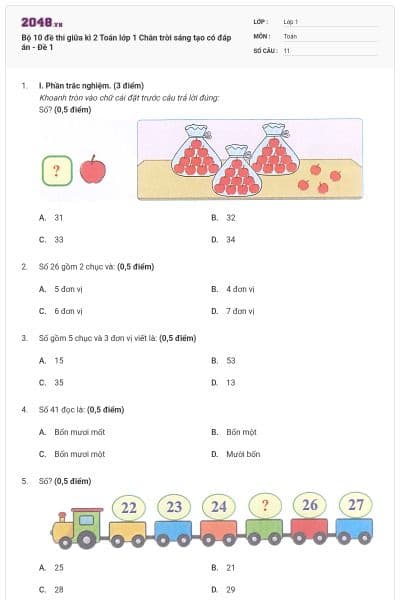 Bộ 10 đề thi giữa kì 2 Toán lớp 1 Chân trời sáng tạo có đáp án - Đề 1