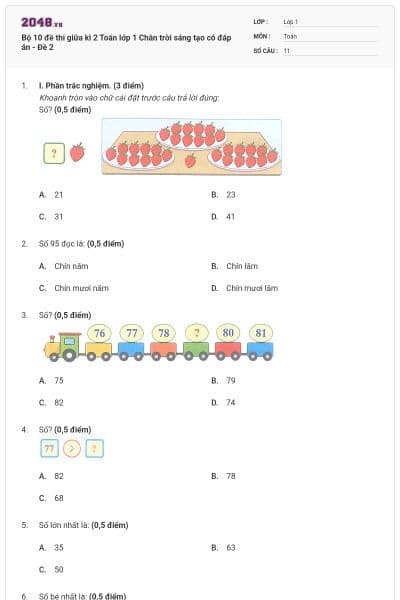 Bộ 10 đề thi giữa kì 2 Toán lớp 1 Chân trời sáng tạo có đáp án - Đề 2