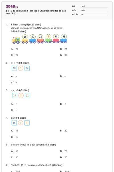 Bộ 10 đề thi giữa kì 2 Toán lớp 1 Chân trời sáng tạo có đáp án - Đề 3