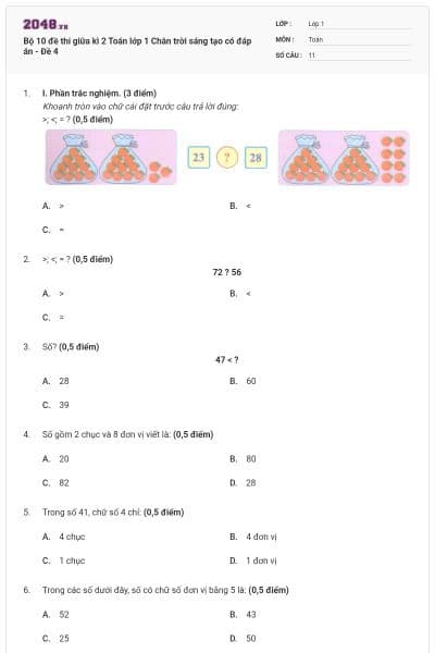 Bộ 10 đề thi giữa kì 2 Toán lớp 1 Chân trời sáng tạo có đáp án - Đề 4