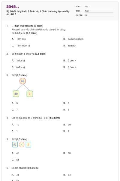 Bộ 10 đề thi giữa kì 2 Toán lớp 1 Chân trời sáng tạo có đáp án - Đề 5