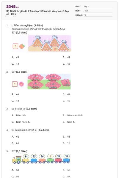 Bộ 10 đề thi giữa kì 2 Toán lớp 1 Chân trời sáng tạo có đáp án - Đề 6