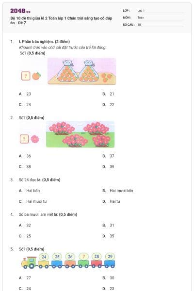 Bộ 10 đề thi giữa kì 2 Toán lớp 1 Chân trời sáng tạo có đáp án - Đề 7