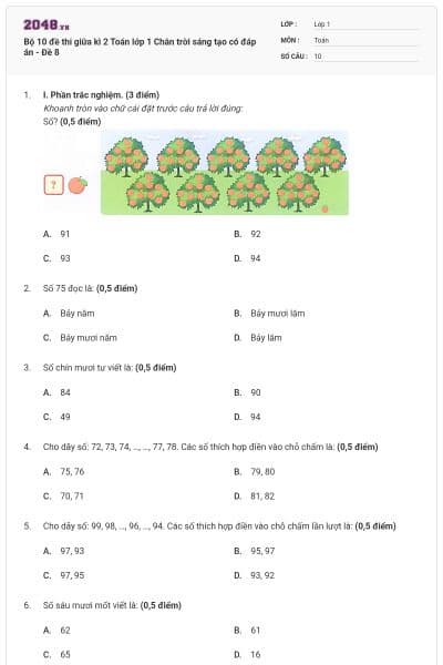 Bộ 10 đề thi giữa kì 2 Toán lớp 1 Chân trời sáng tạo có đáp án - Đề 8