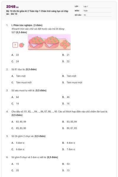 Bộ 10 đề thi giữa kì 2 Toán lớp 1 Chân trời sáng tạo có đáp án - Đề 10